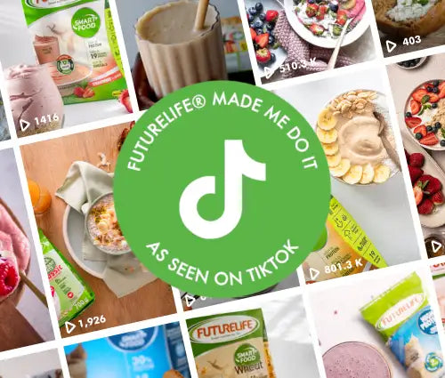 Green tiktok logo with white arrow design on futurelife protein powder packaging.