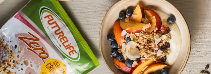 A green and white bag of futurelife zero granola cereal.