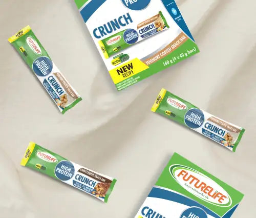 Green and white futurelife crunch high protein snack bars with yellow accents.
