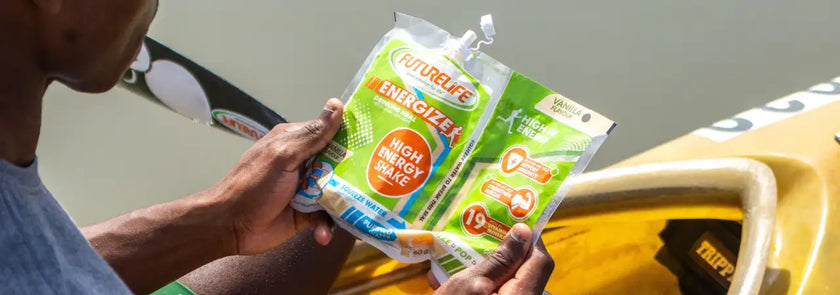 Green and white futurelife energizer high energy bars in a resealable pouch.