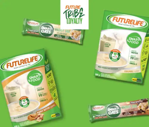 Green and white futurelife smart food meal replacement pouches with images of creamy oatmeal.