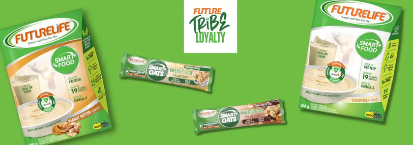 Green and white futurelife smart food oatmeal packets with peanut butter flavor, featuring a glossy finish and nutritional information printed on the packaging.