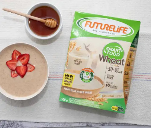 Green and white futurelife smart food wheat cereal box with whole wheat imagery and nutritional claims.