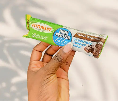 A green and white futurelife smartprotein3d high protein bar with chocolate crunch flavor, wrapped in a glossy foil package.