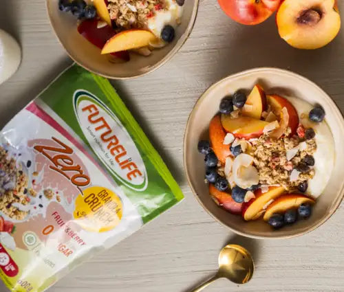 Green and white package of futurelife zero crunch granola.