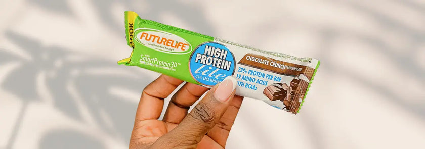 A green and white wrapped chocolate crunch high protein bar from futurelife.
