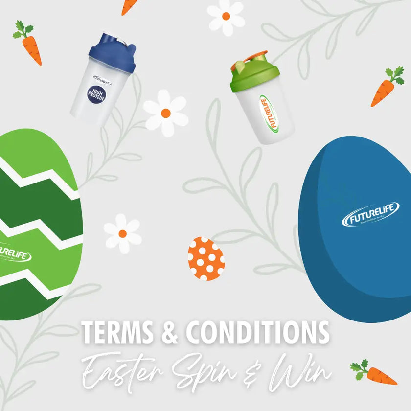 Green and white zigzag patterned egg-shaped futurelife shaker bottle with a blue lid.