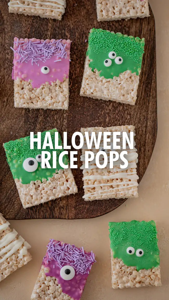Halloween rice pops with colorful monster faces and sprinkles.