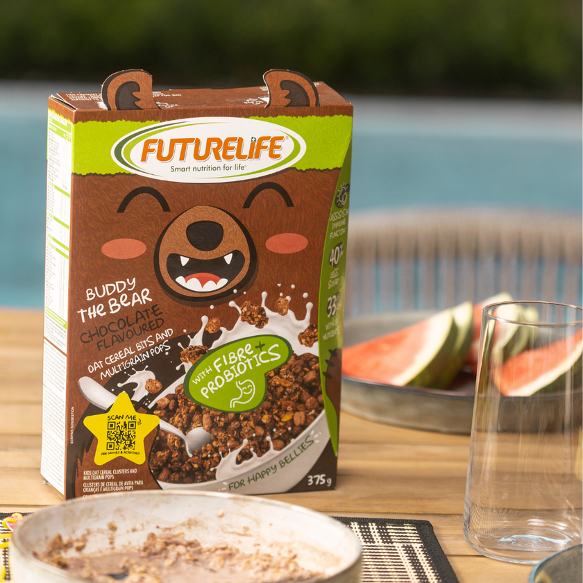 Futurelife Buddy the Bear chocolate cereal box for kids oat bits and multigrain pops