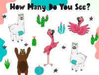 Pink flamingo plush toy with green leaves and star accents.