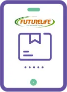 Purple and green futurelife branded card with a package icon.