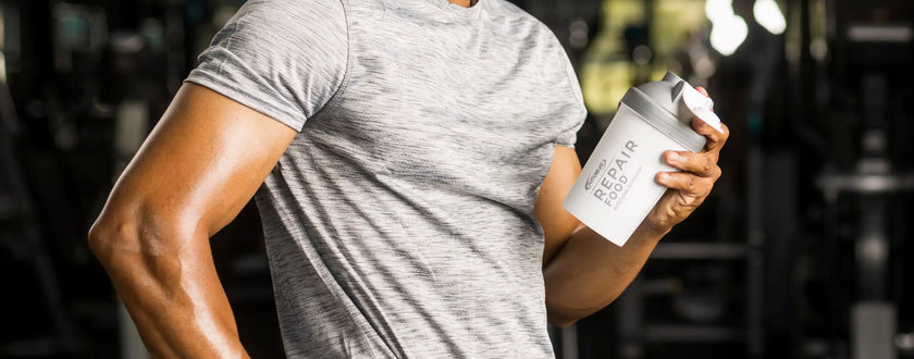 Silver protein powder container with black text and white design.