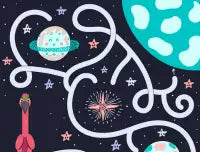 Space-themed children’s wall art featuring planets, stars and rockets in vibrant colors.