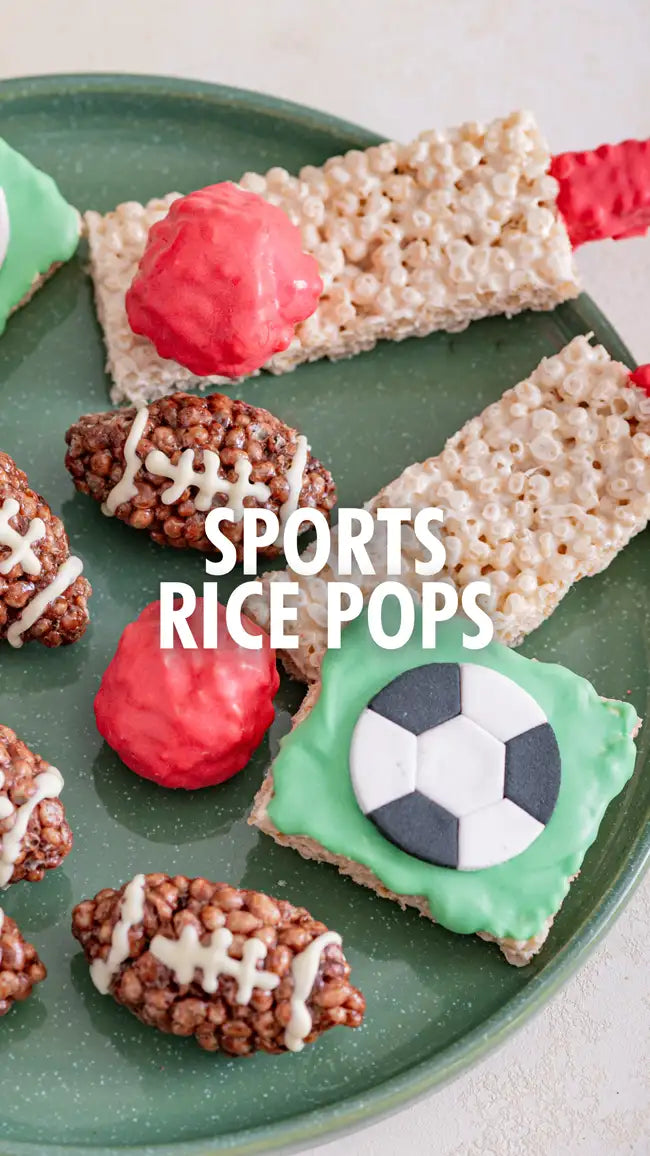 Sports rice pops with football and soccer ball designs, colorful coating, crispy texture.