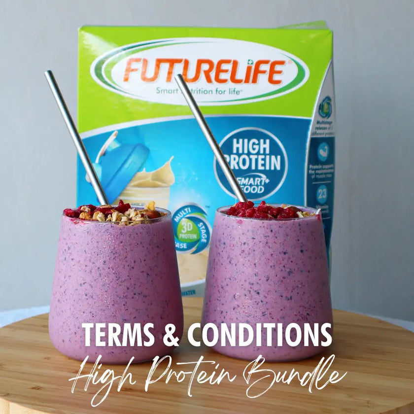 Two vibrant purple high-protein smoothies in clear glass cups, each topped with a mix of granola and fresh berries.