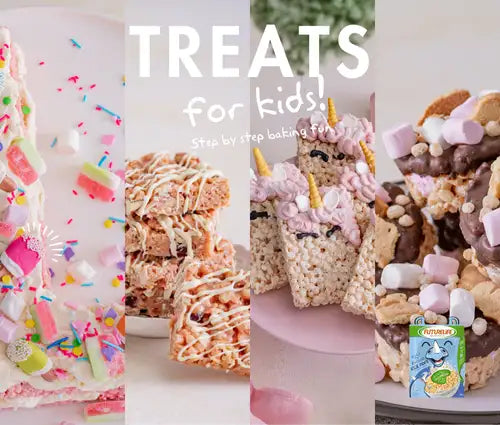 Unicorn rice krispies treat with pink icing and gold horn design.