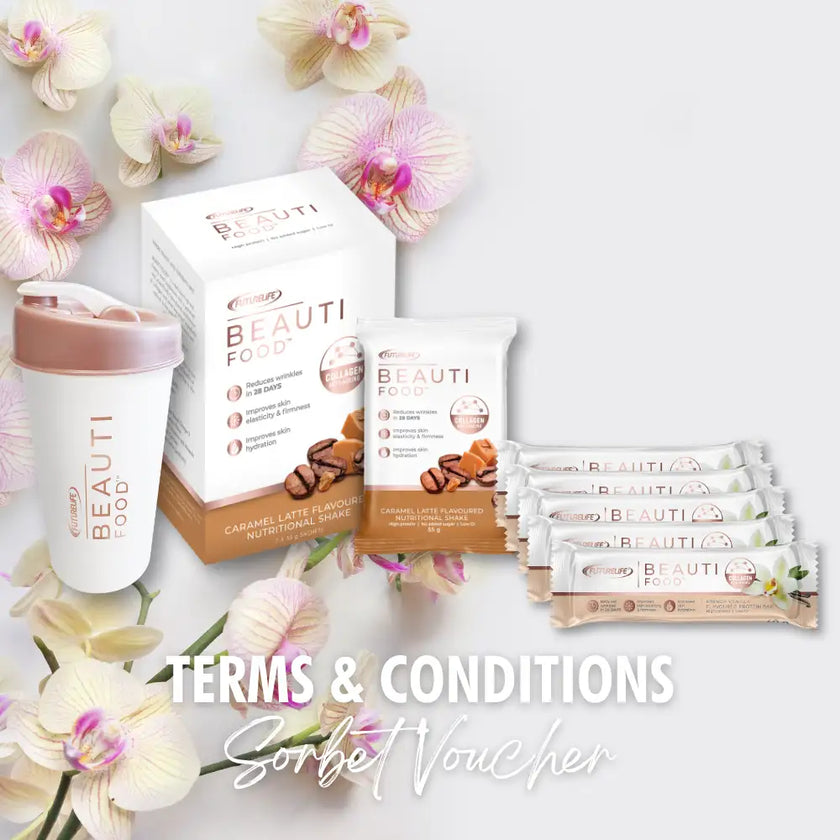 White and rose gold branded shaker bottle with a matching lid, featuring the ’beauti food’ logo in vertical lettering.